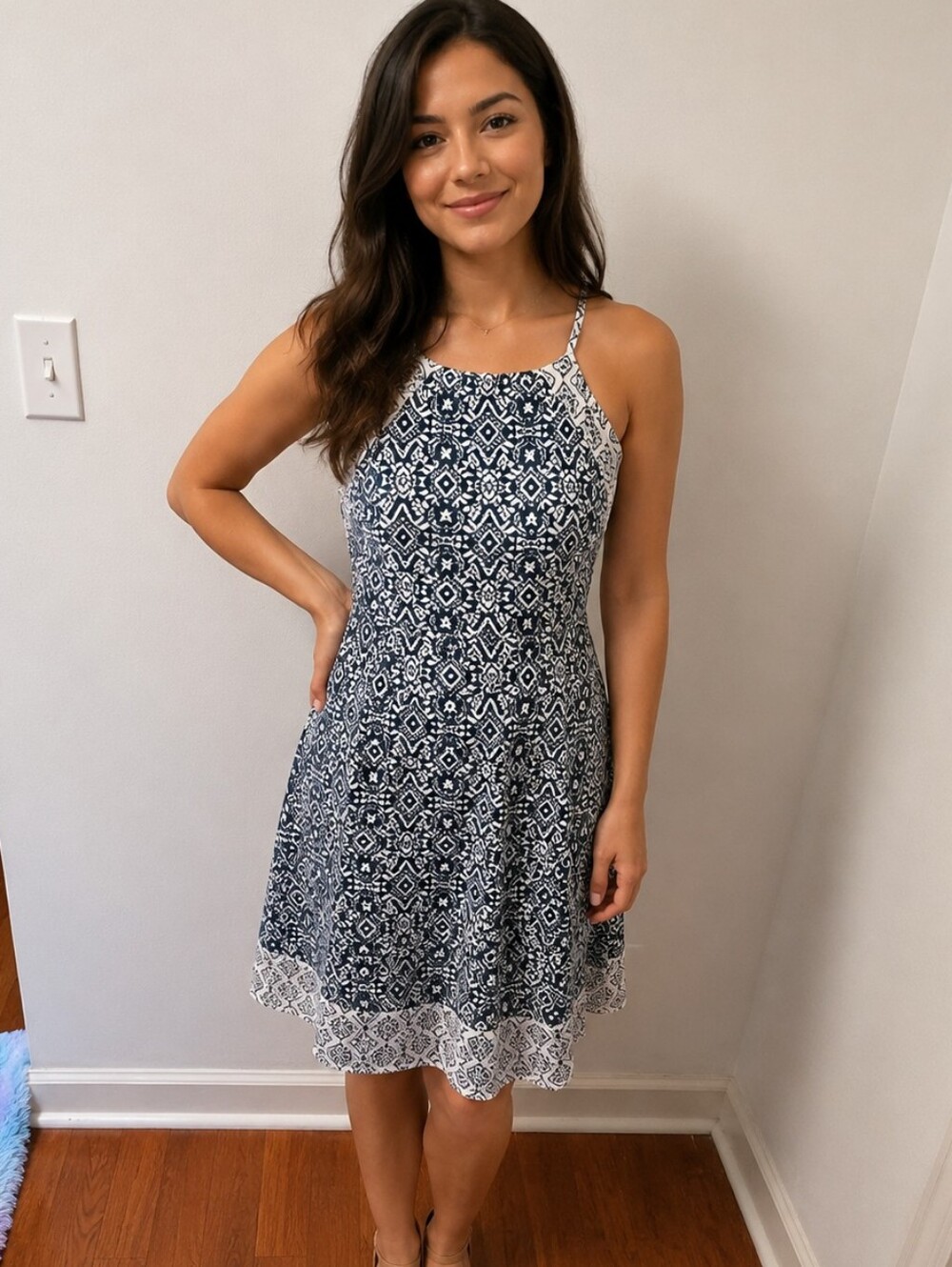 Rewind Women's XXL Fit and Flare Dress Navy Blue White Geometric Sleeveless